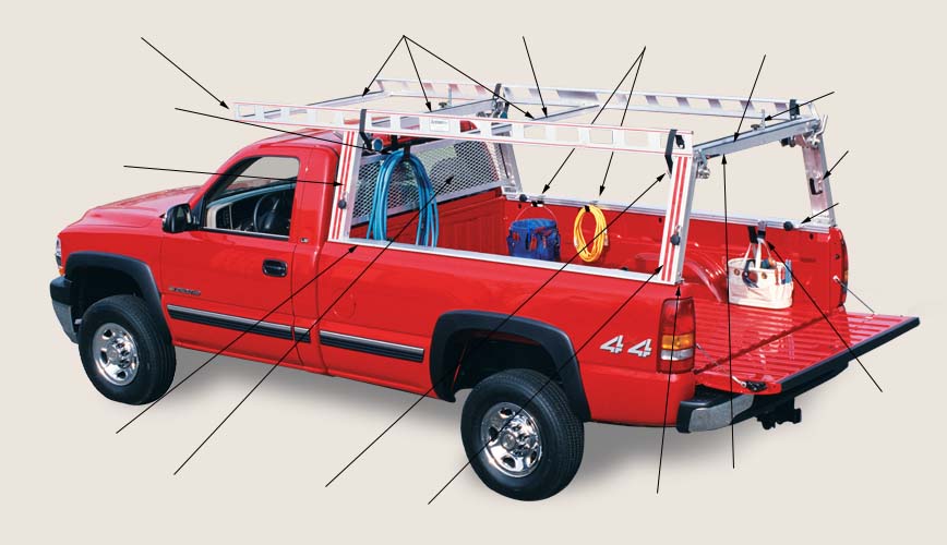 Red Chevy w heavy work contractor ladder rack package